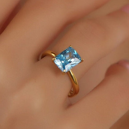 Radiant Solitaire Blue Topaz Gemstone Engagement Ring