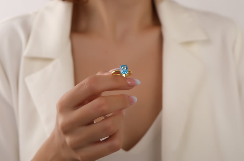 Radiant Solitaire Blue Topaz Gemstone Engagement Ring