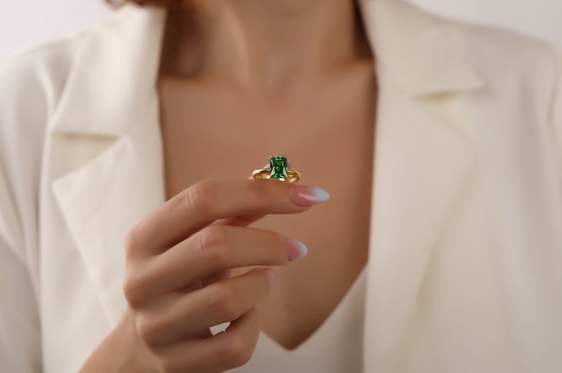 Radiant Solitaire Emerald Gemstone Engagement Ring