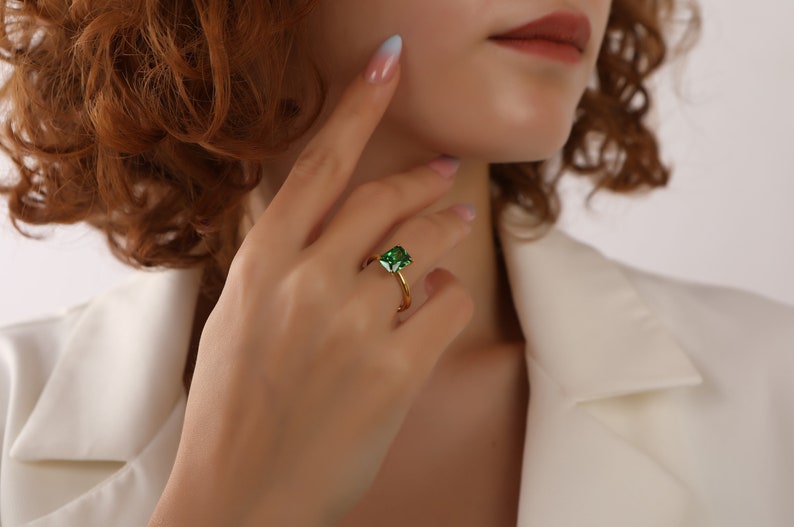 Radiant Solitaire Emerald Gemstone Engagement Ring