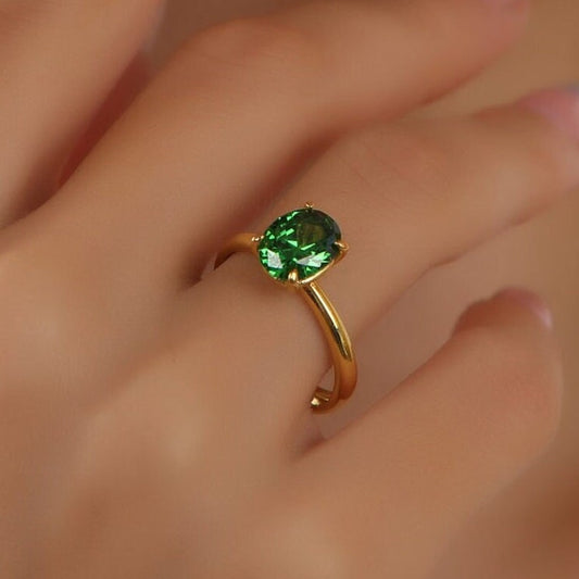 Oval Solitaire Emerald Gemstone Engagement Ring