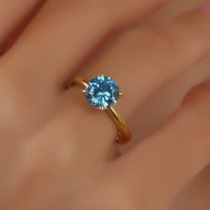 Round Solitaire Blue Topaz Gemstone Engagement Ring