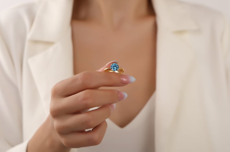 Round Solitaire Blue Topaz Gemstone Engagement Ring