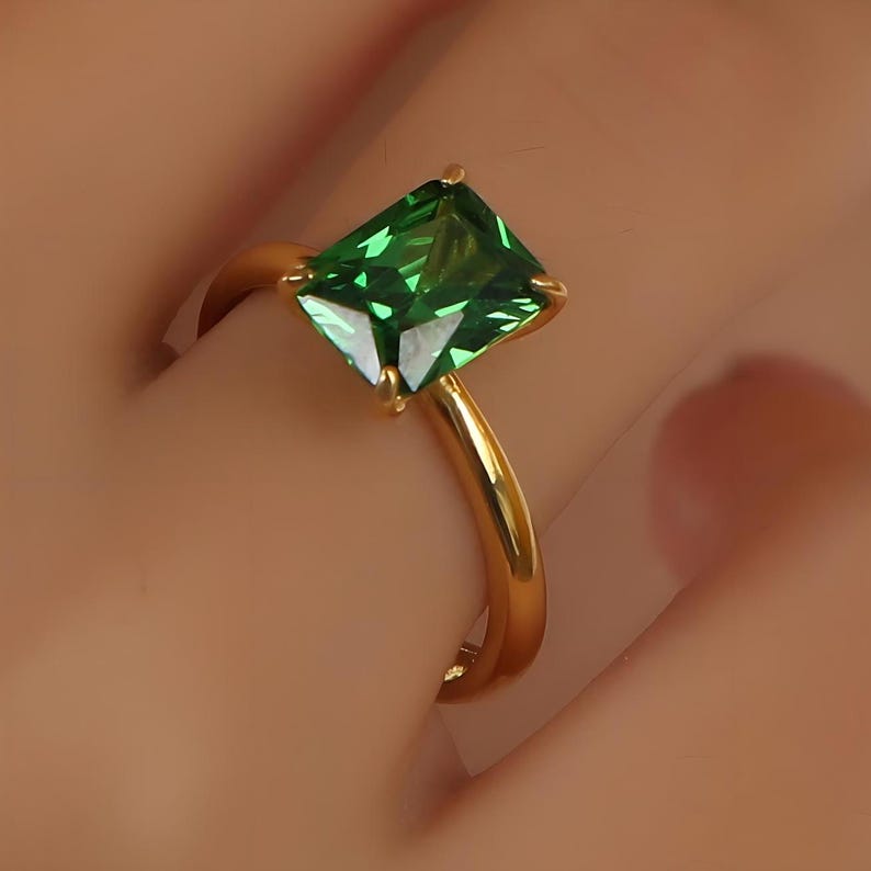 Radiant Solitaire Emerald Gemstone Engagement Ring